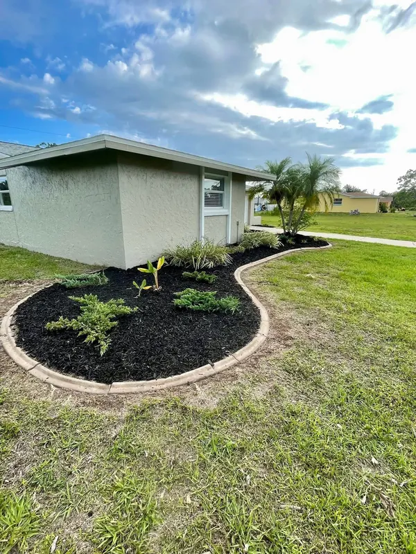 Same bed finished with black mulch, plants and edging